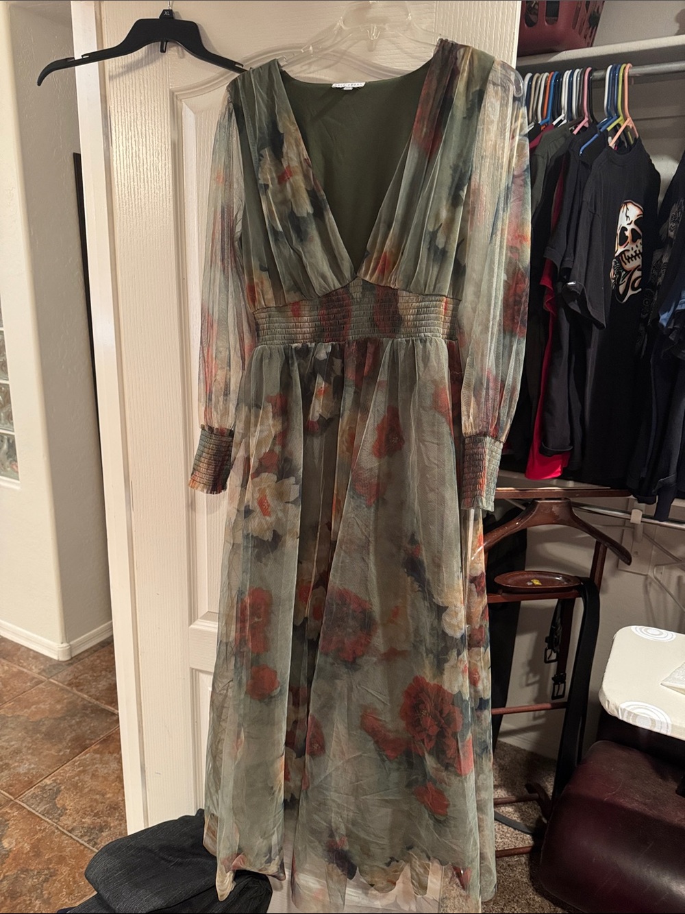 Baltic Born Floral Mesh V-Neck Maxi Dress in Olive Green and Rust